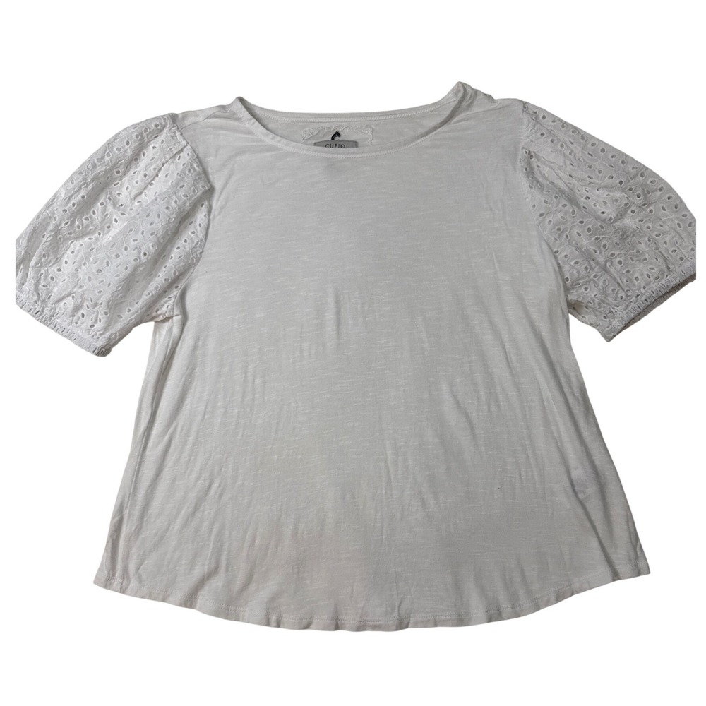 Cupio Womens White Eyelet Puff Sleeve Slub Knit Top Blouse Scoop Neck Large